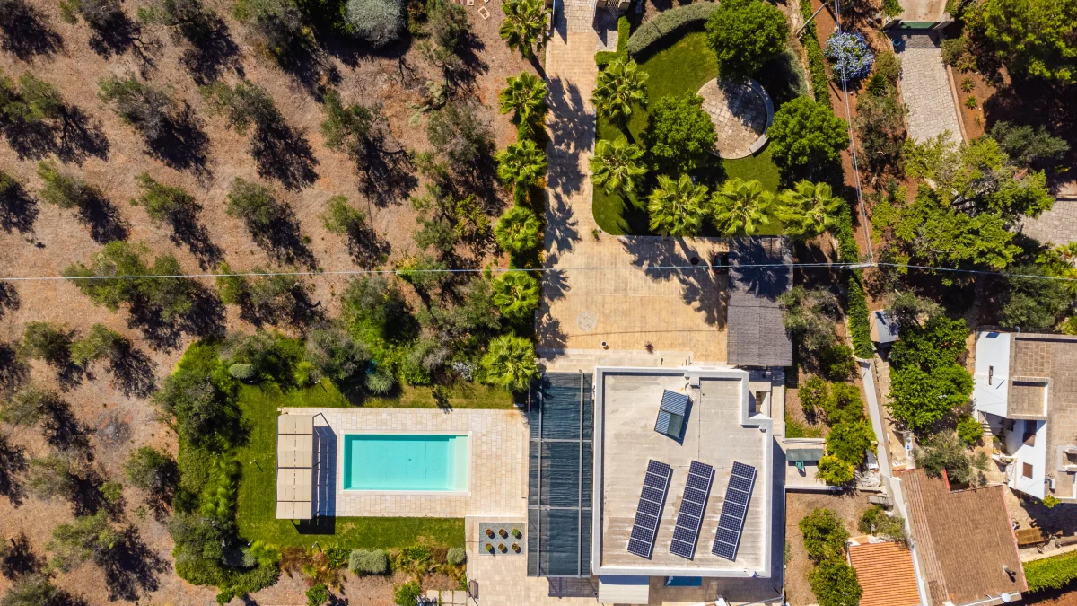 Top-down view of iChiani, the pool and roof panels